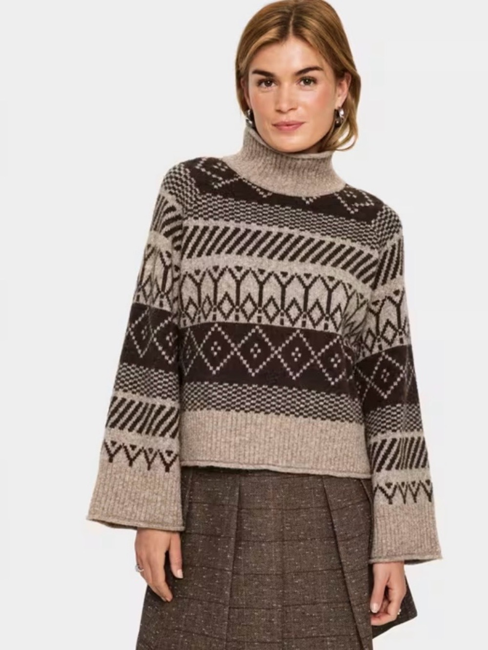 Saint Tropez Micha Fair Isle Roll Neck Sweater Brown Fudge Melange XL Geometric